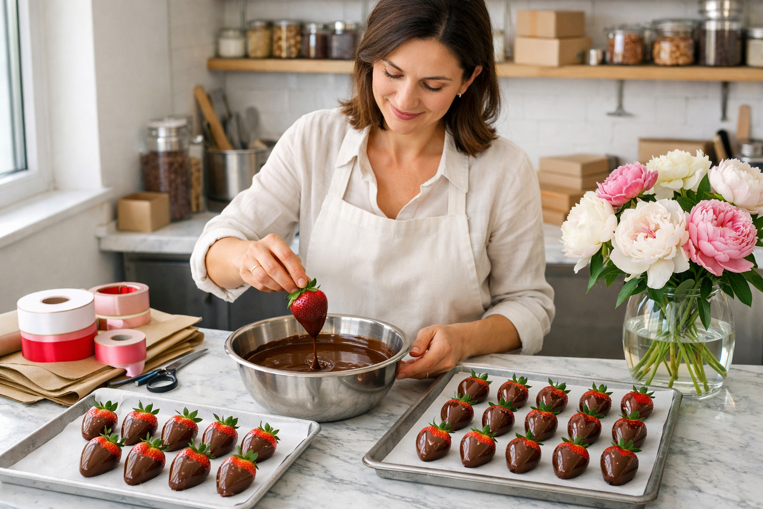 Atölye tezgâhında çikolata kaplama sonrası soğumaya bırakılmış çilekler