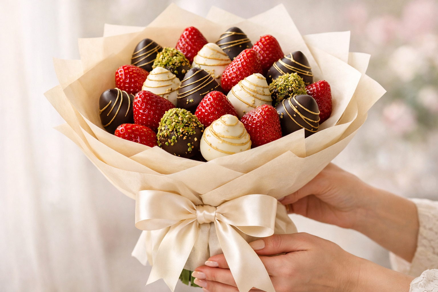 Çikolata kaplı çilek buketi, kadife kumaş üzerinde, altın kurdele ile bağlanmış hediye sunumu